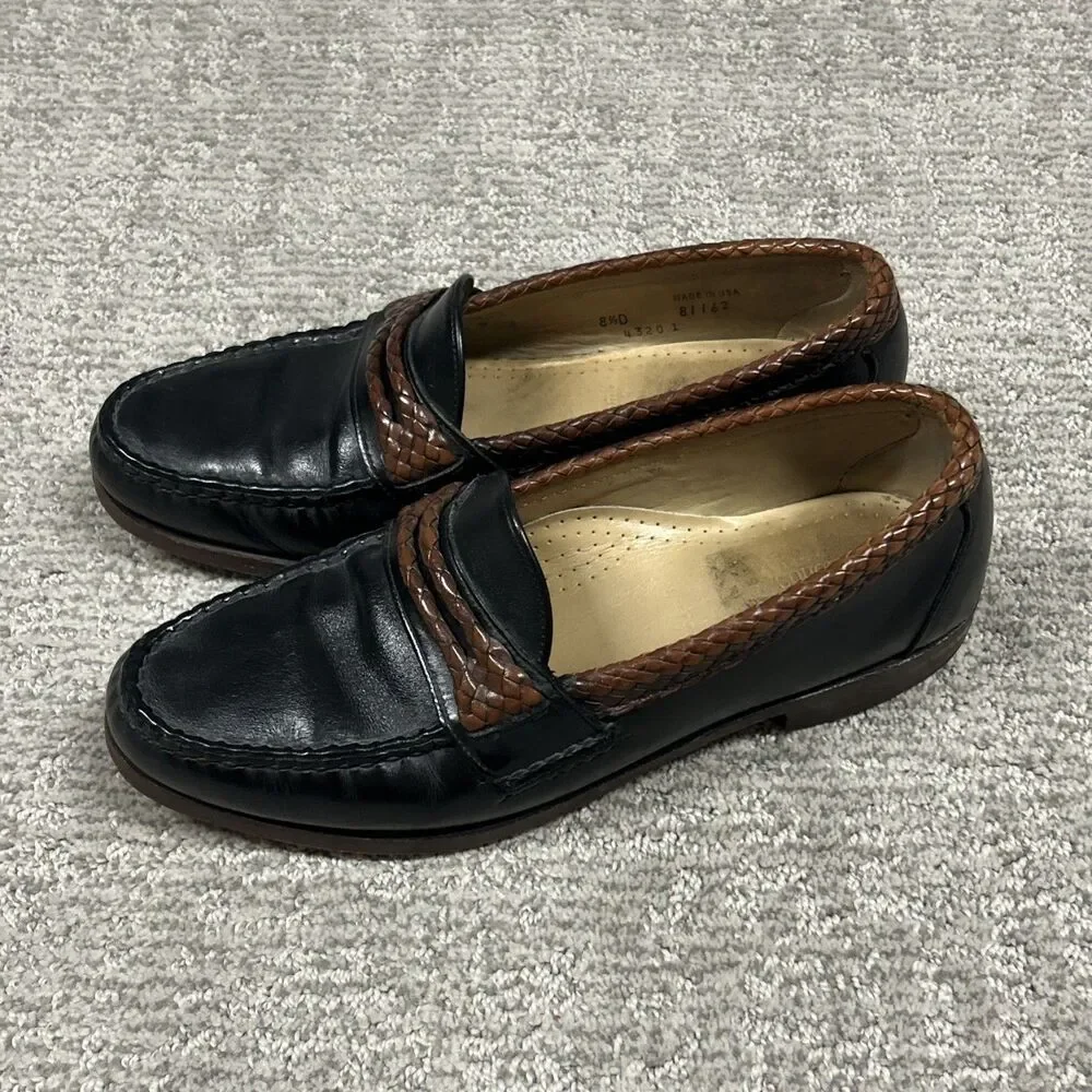 Allen Edmonds Newcomb Shoes Men 8.5D Black Brown Woven Leather Penny Loafers USA